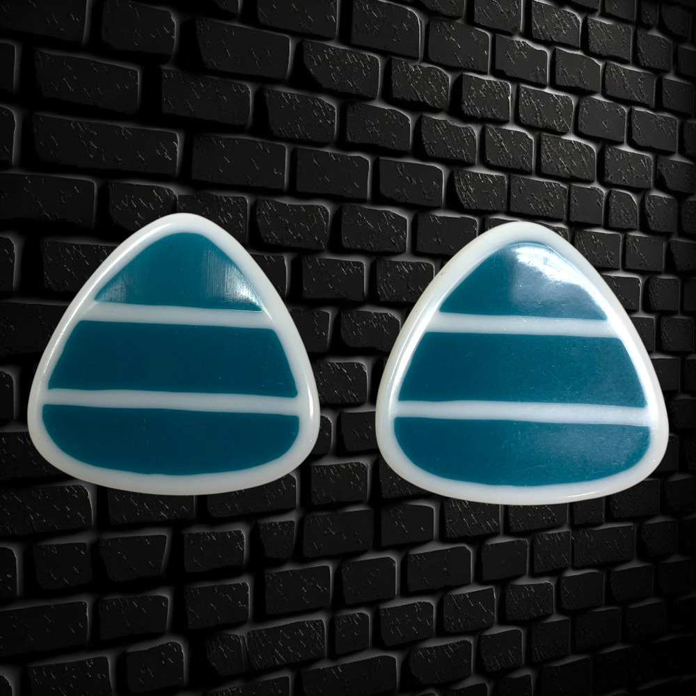 Vintage 1980's Teal Striped Acrylic Earrings Oversized Triangle New Wave Pierced